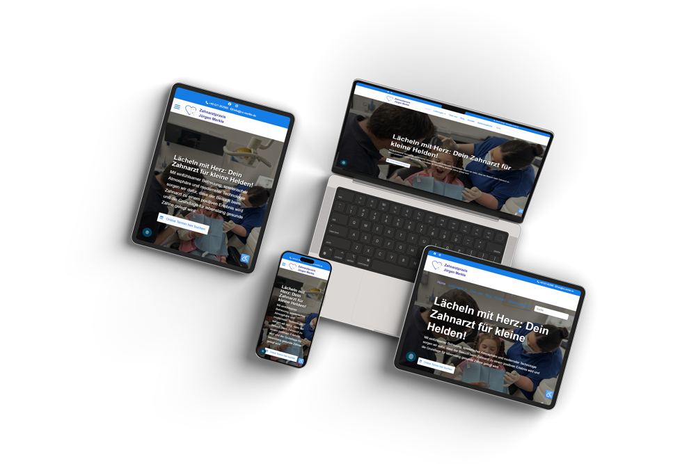 Responsive Website der Zahnarztpraxis Merkle auf Laptop, Tablet und Smartphone